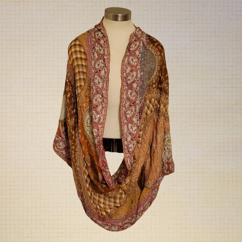 ✔️Raj Bohemian Patchwork Infinity Wrap in Brown, Gold, Pink